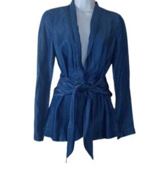 Level 99 Womens Tie Front Surplice Blouse Blue Chambray Lyocell Tencel  XS